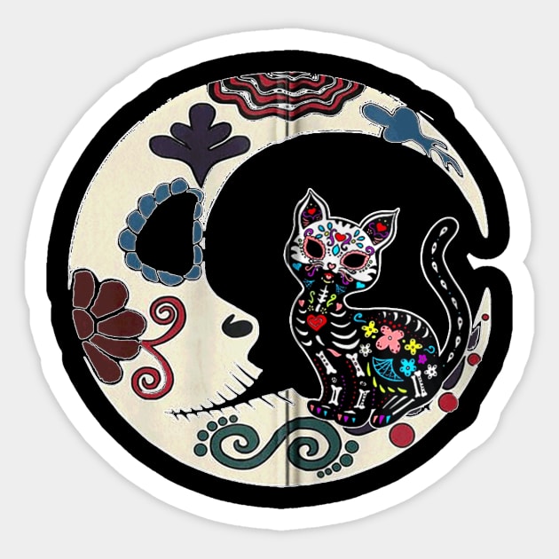 Cat & Moon Sugar Skull Dia De Los Muertos Zip Sticker by family love forever